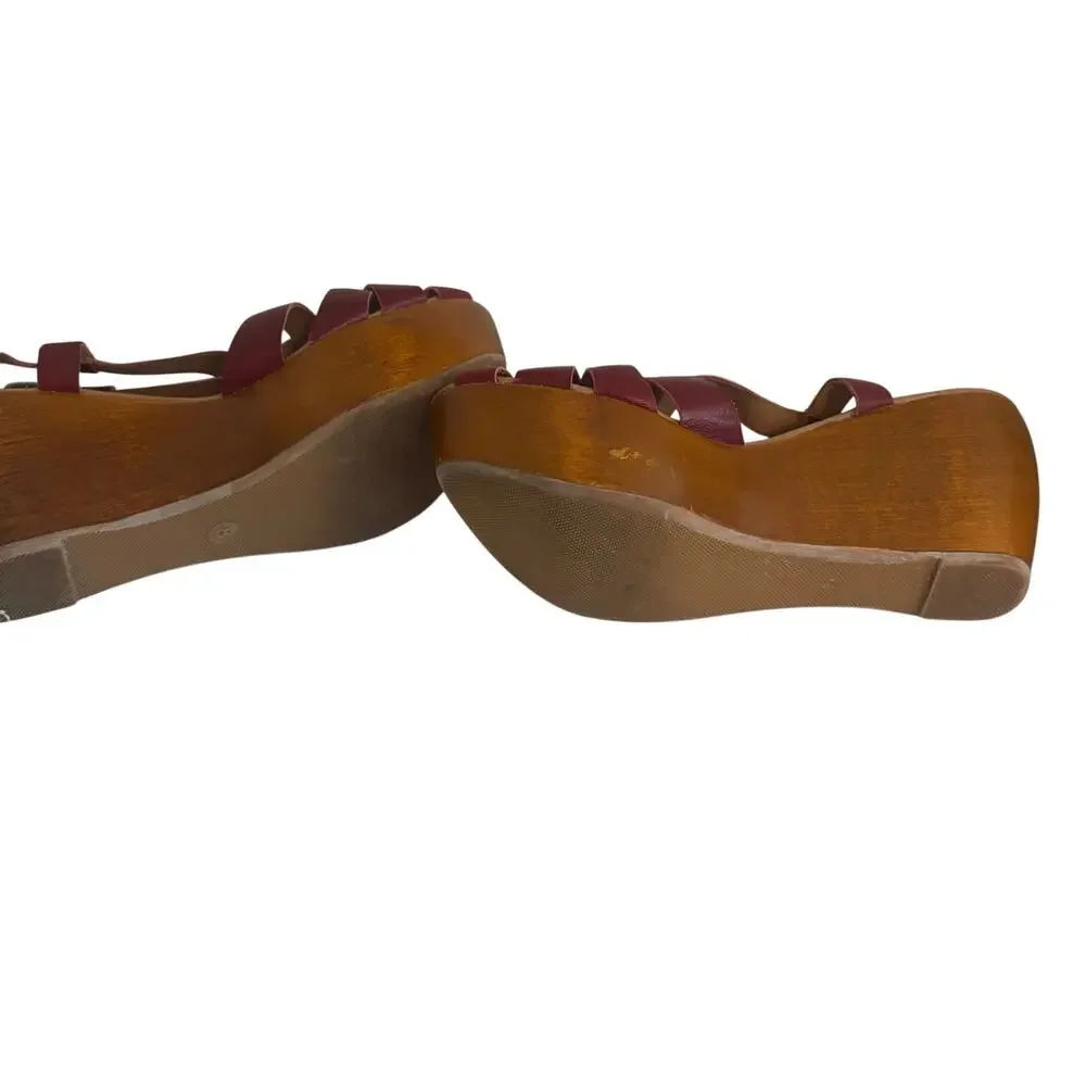 Miz Mooz Gizmo Maroon Leather Strappy Wood Wedge Slingback Sandals Basketweave